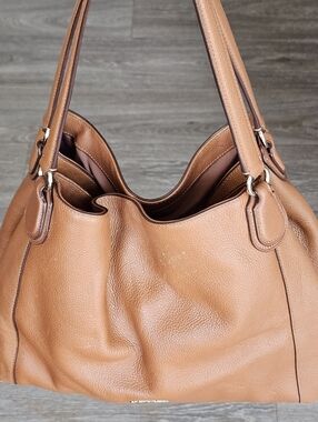 COACH Edie 31 Light Saddle Refined Pebbled Leather Shoulder Handbag. Brown